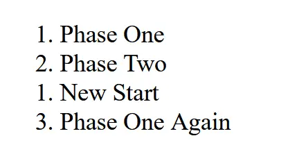 an ordered list with four items starting from number 1 and the third item number reset to 1 again