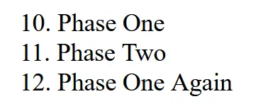 an ordered list with 3 items starting from number 10