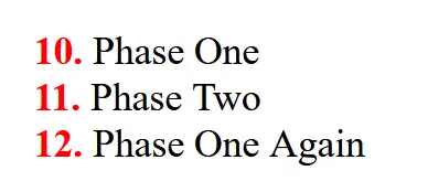 an ordered list with 3 items starting from number 10 with bullet numbers colored red